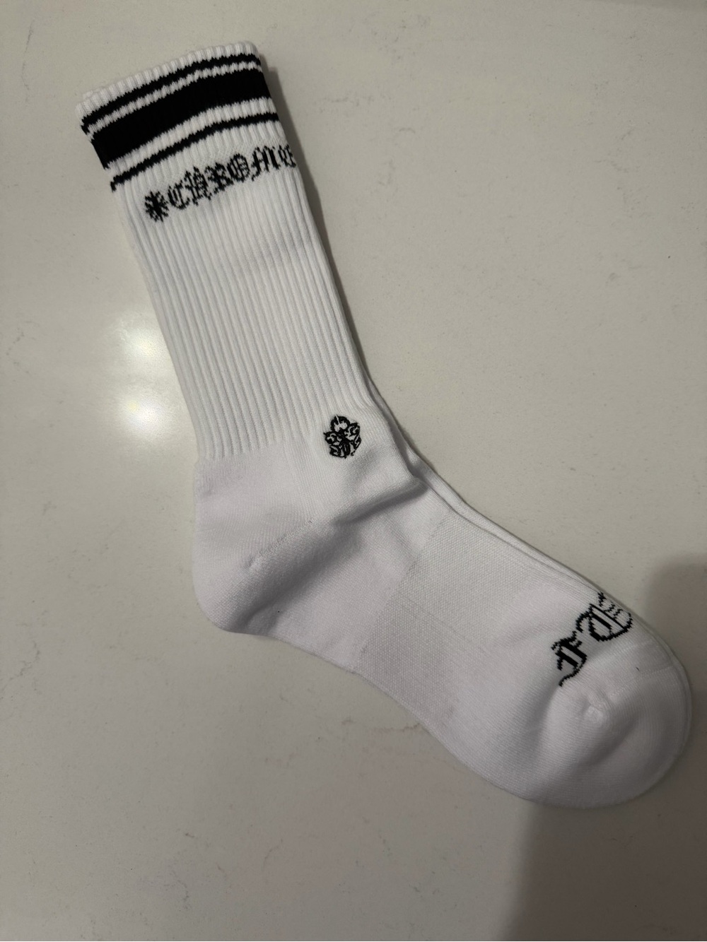 Chrome Hearts White Crew Socks with Black Stripes and Logo